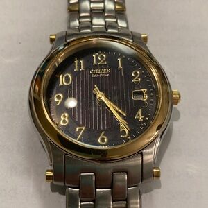 Citizen watch parts lot, black dial w silver & gold case and bracelet, no back